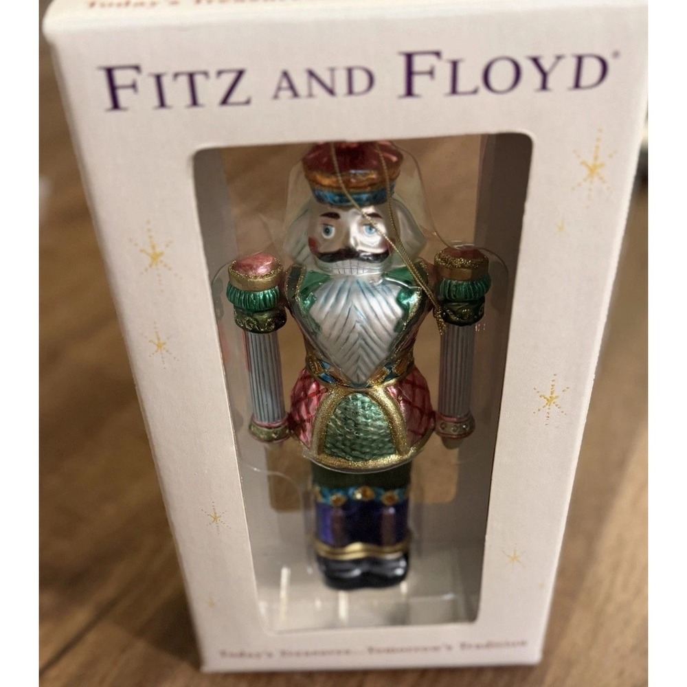 Vintage Fitz and Floyd Nutcracker Collection Poinsettia Motif Ornament Glass NIB
